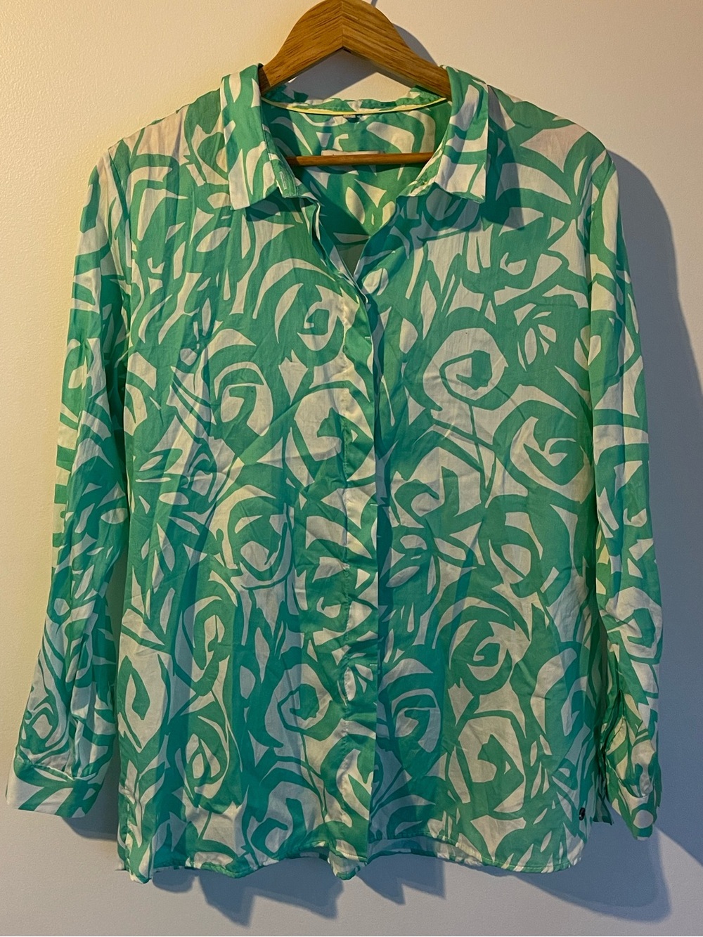 Bugatti Floral Swirl Printed Cotton Button Down Shirt Green White Sz 16 (EU 46)